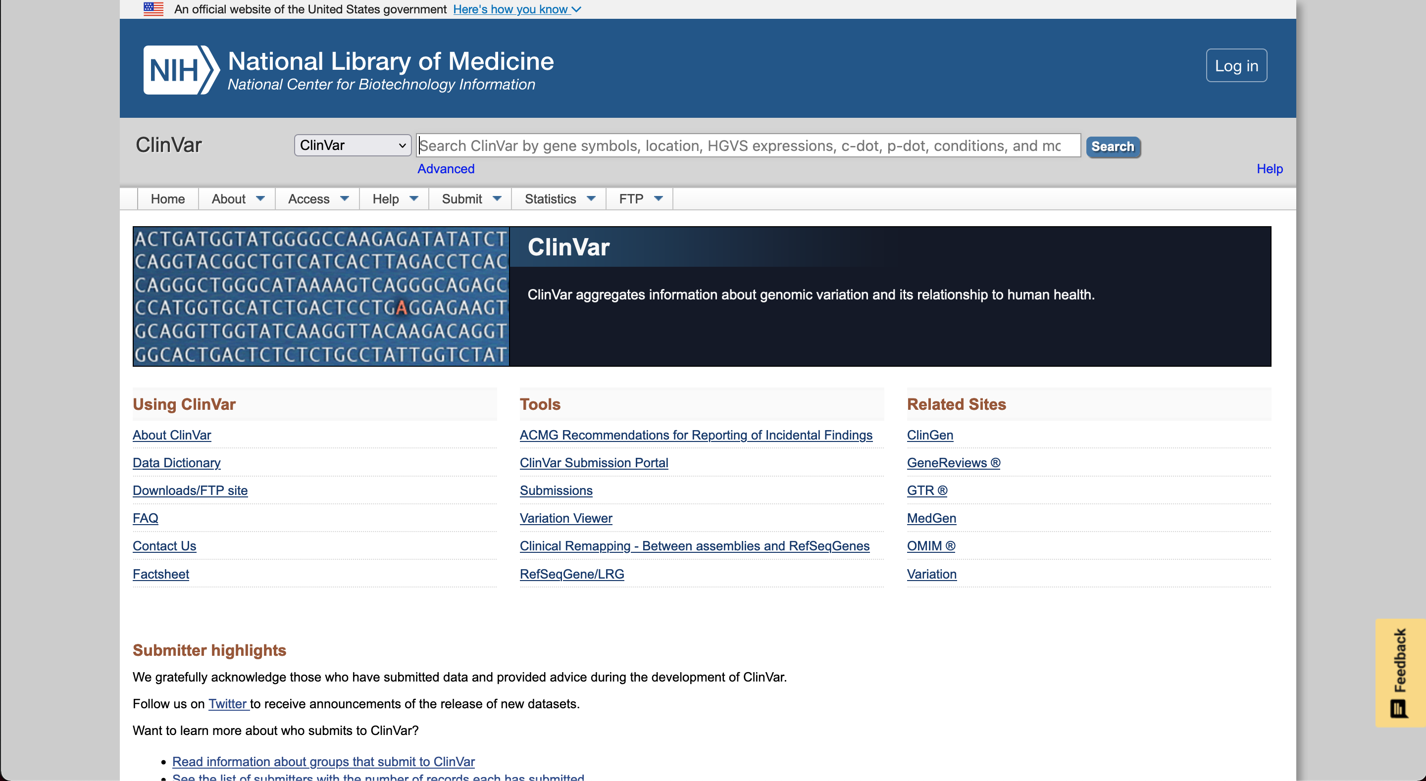 ClinVar site screenshot