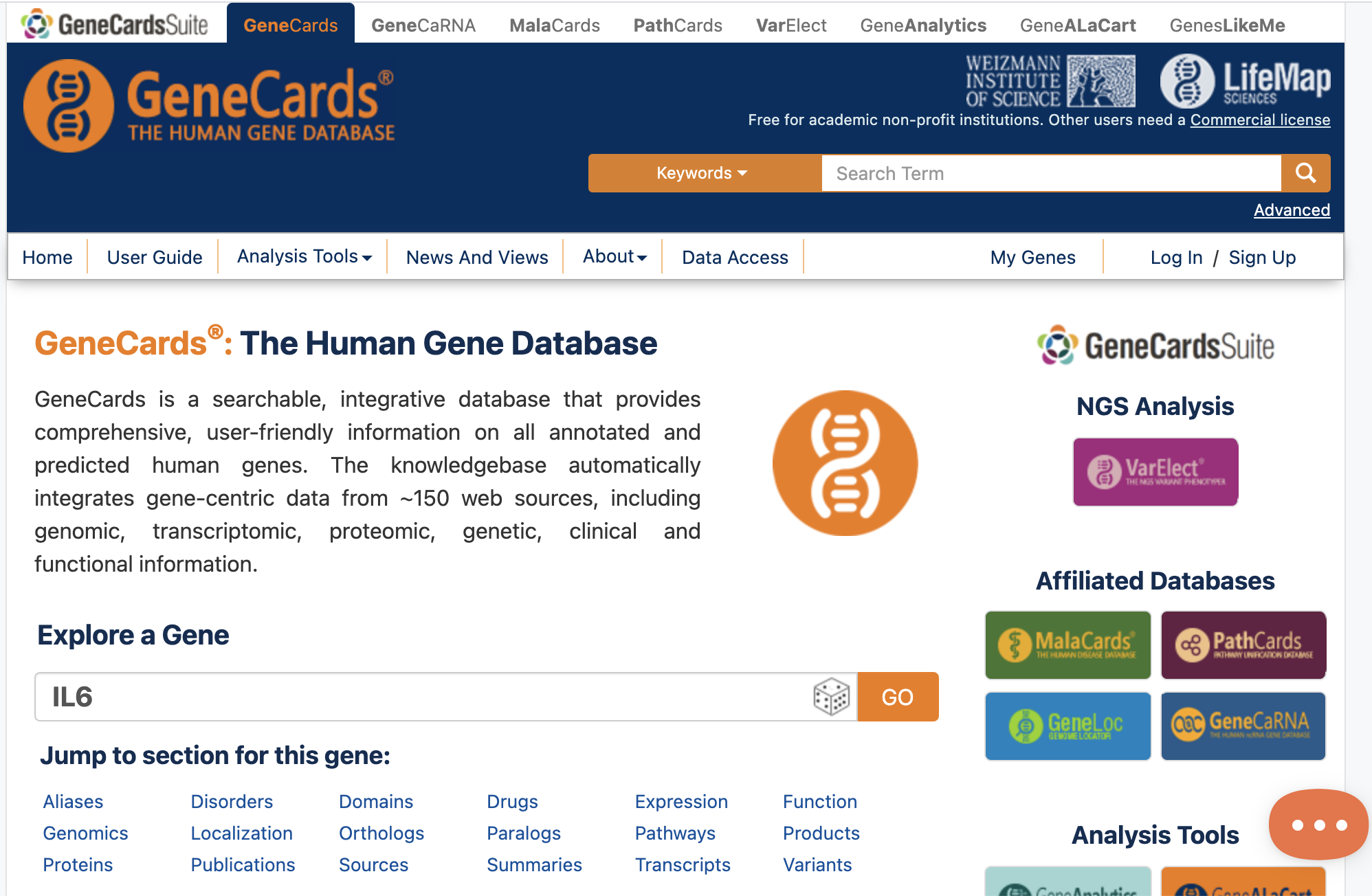 Gene Cards site image